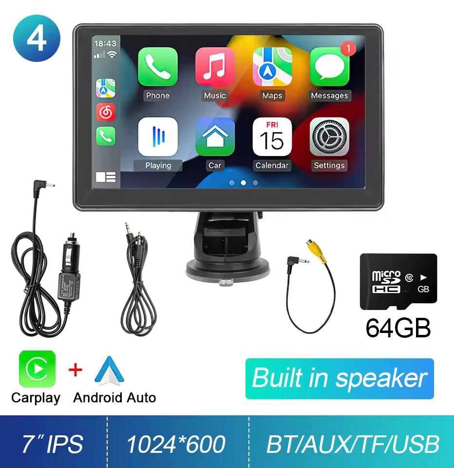 Tech Driver Gear 7” IPS CarPlay Screen – Portable Android Auto Radio, GPS Navigation, WiFi, Rear View Camera Support
