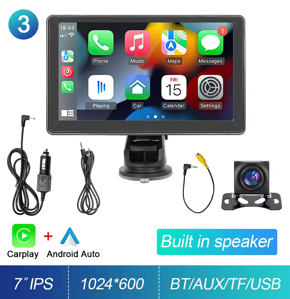 Tech Driver Gear 7” IPS CarPlay Screen – Portable Android Auto Radio, GPS Navigation, WiFi, Rear View Camera Support