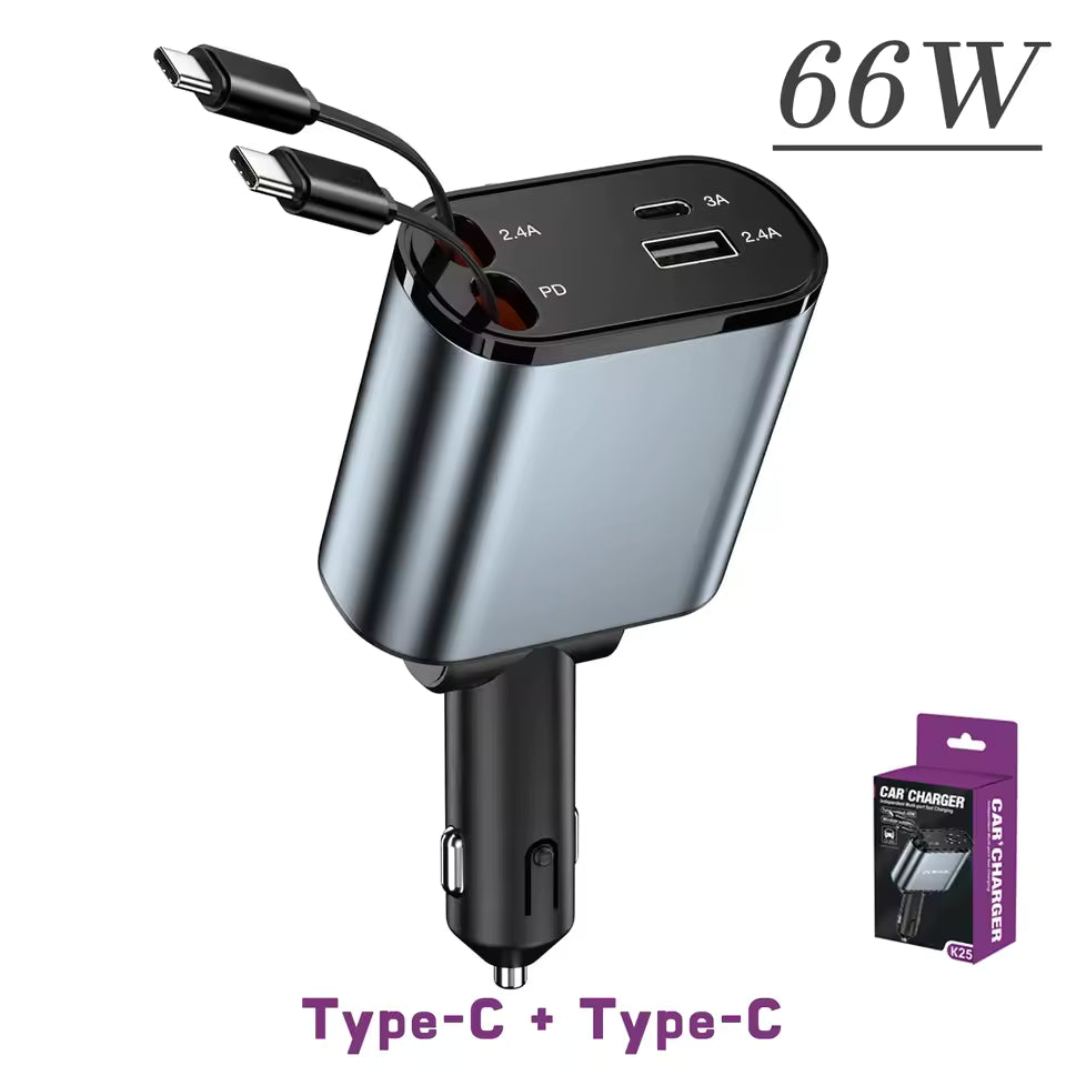 Tech Driver Gear 4-in-1 Retractable Car Charger – PD Type-C/USB Fast Charge, 120W/66W, Cigarette Lighter QC Adapter
