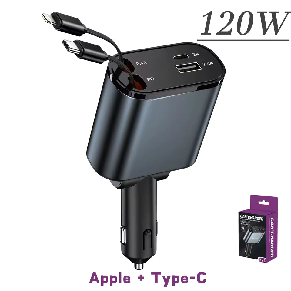 Tech Driver Gear 4-in-1 Retractable Car Charger – PD Type-C/USB Fast Charge, 120W/66W, Cigarette Lighter QC Adapter