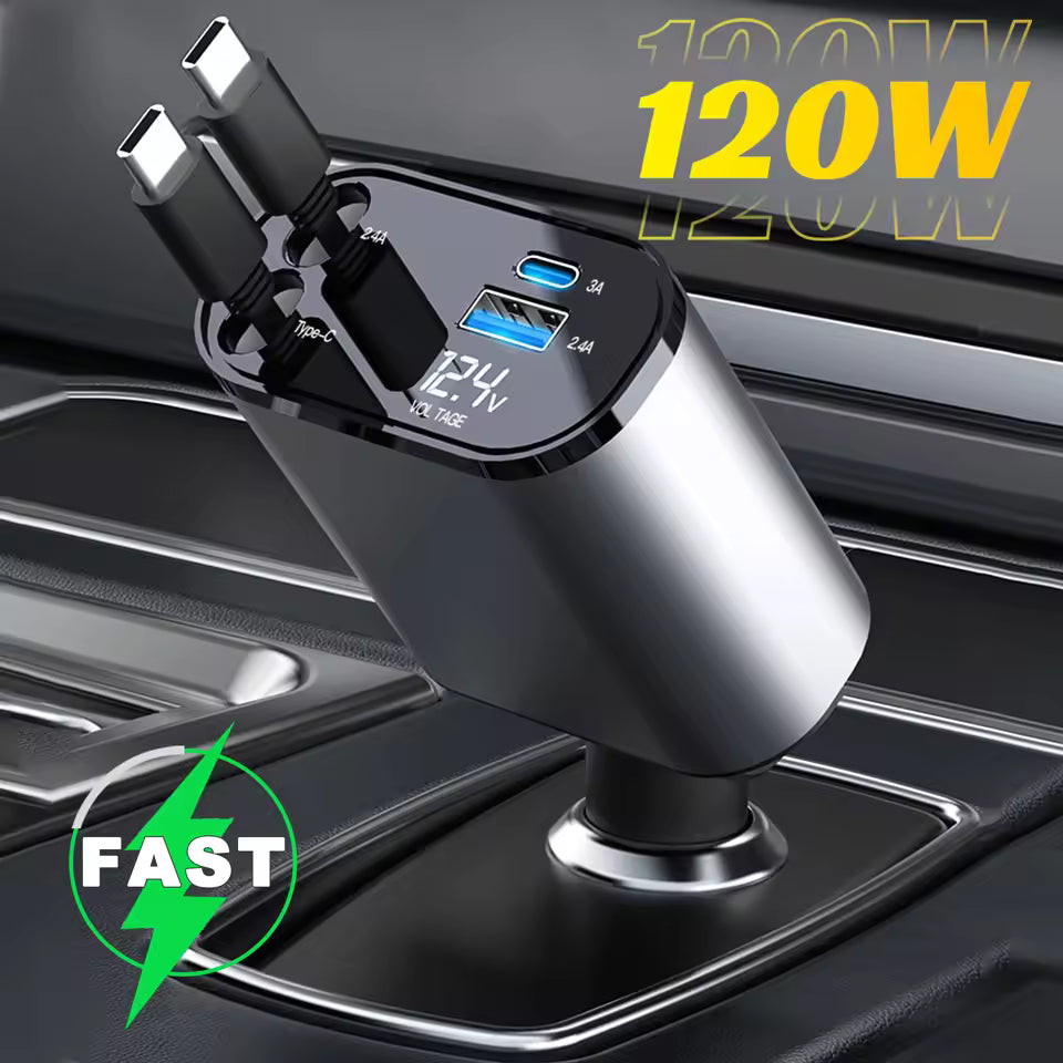 Tech Driver Gear 4-in-1 Retractable Car Charger – PD Type-C/USB Fast Charge, 120W/66W, Cigarette Lighter QC Adapter