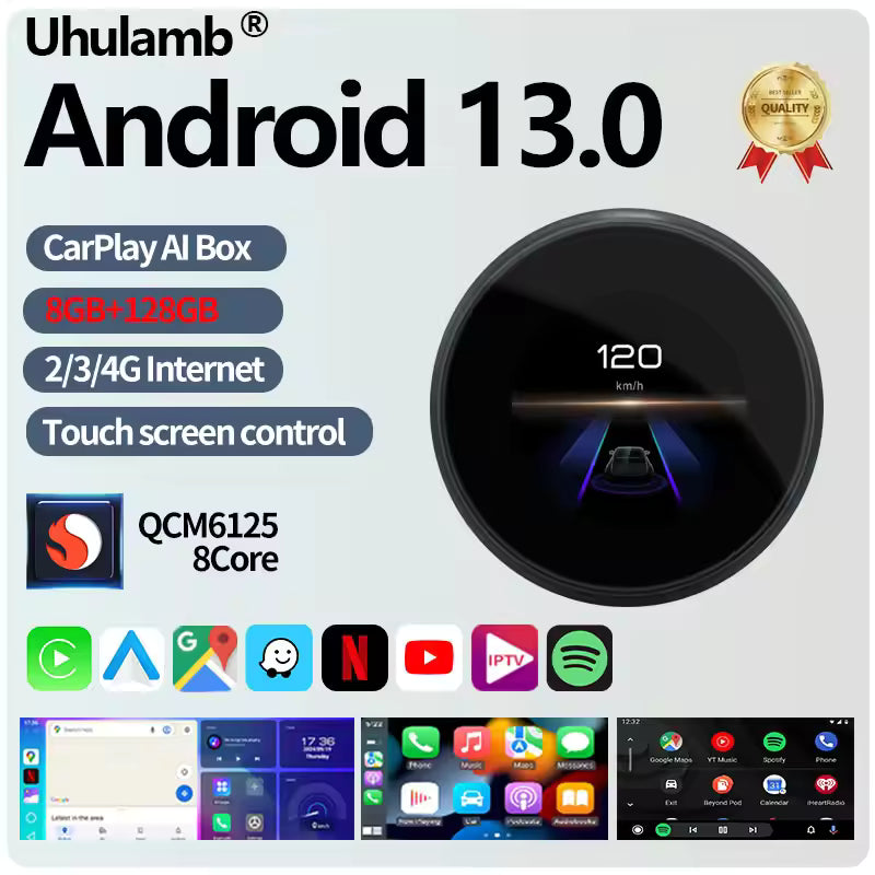 Tech Driver Gear Android 13 AI Box – Universal Wireless CarPlay, 8GB+256GB, LTE 4G, Round Touch Display