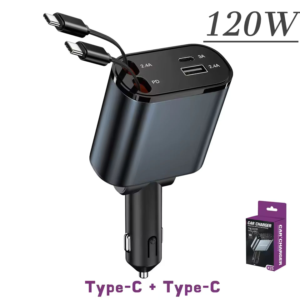 Tech Driver Gear 4-in-1 Retractable Car Charger – PD Type-C/USB Fast Charge, 120W/66W, Cigarette Lighter QC Adapter