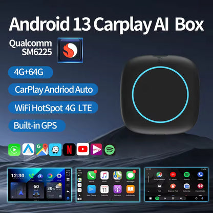 Tech Driver Gear Android 13 AI Box – Universal Wireless CarPlay, 8GB+256GB, LTE 4G, Round Touch Display